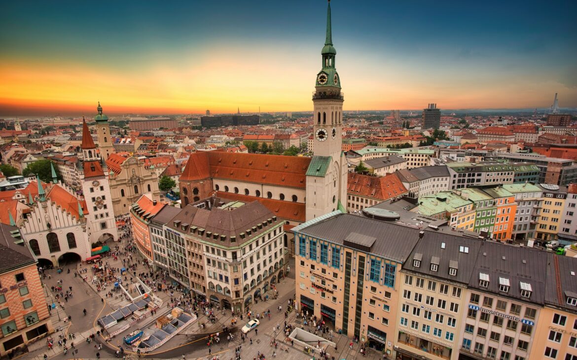 aerial view of city buildings during sunset